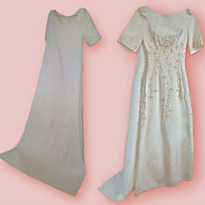 1960s cream satin wedding gown w/ cape. Lace Floral applicas. Short sleeve MINT